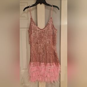 Pink Sequence Fringe with Feather Trim Gatsby Mini Dress - NEW - XL